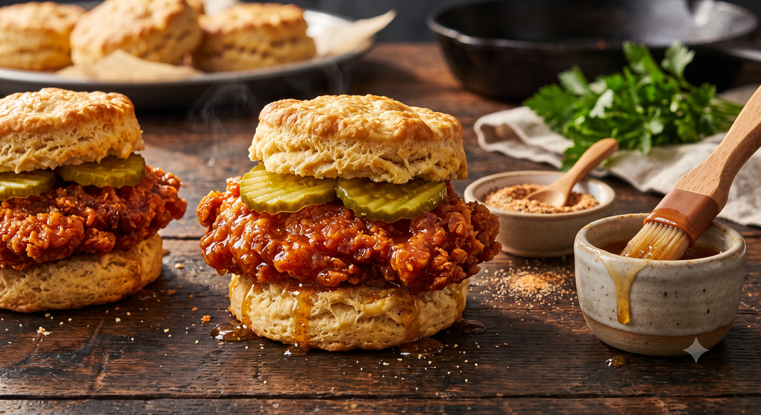 A crispy Spitfire ghost pepper honey-butter fried chicken biscuit sandwich with pickles on a rustic wooden board.