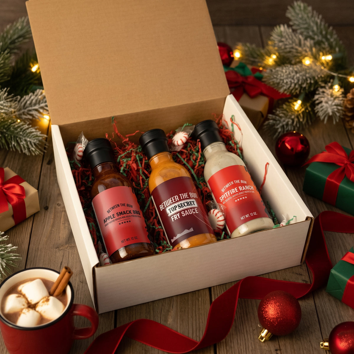 Pick Three Holiday Sauce Gift Box with three BBQ, wing and dipping sauces in a holiday gift box