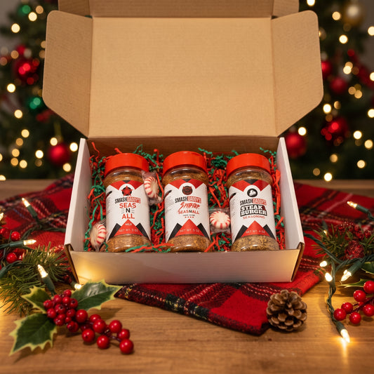 Pick Three Holiday Seasoning Gift Box with Seas-n-All, Spitfire Seas-n-All and Steak-n-Burger seasonings in a holiday gift box